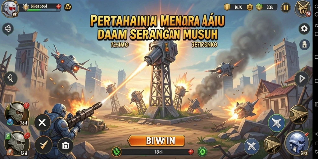 Tampilan gameplay menara pertahanan yang seru dan menantang di BIWIN.