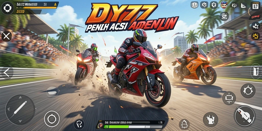 Screenshot utama DY777 menunjukkan aksi balapan motor yang mendebarkan.