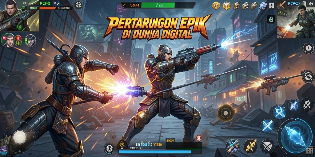 Screenshot gameplay PCPC7 menunjukkan pertarungan yang penuh aksi dan karakter dinamis.