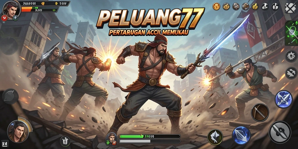 Tampilan gameplay PELUANG77 dengan aksi menegangkan dan karakter berjuang.