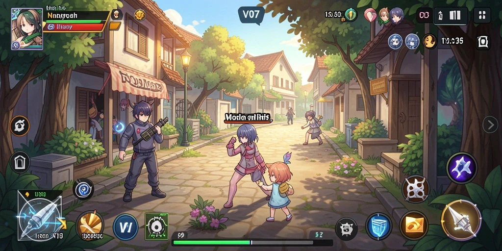 Screenshot gameplay V07 yang menampilkan aksi seru dan karakter anime.